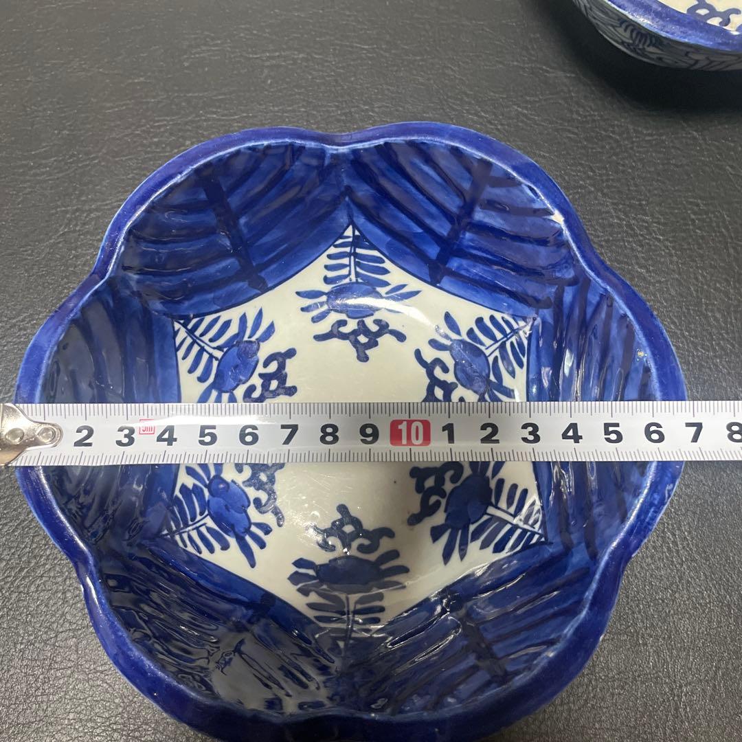 古伊万里　花形皿 深鉢　3枚セット 木箱付き　染付　深鉢　ベロ藍　大中小