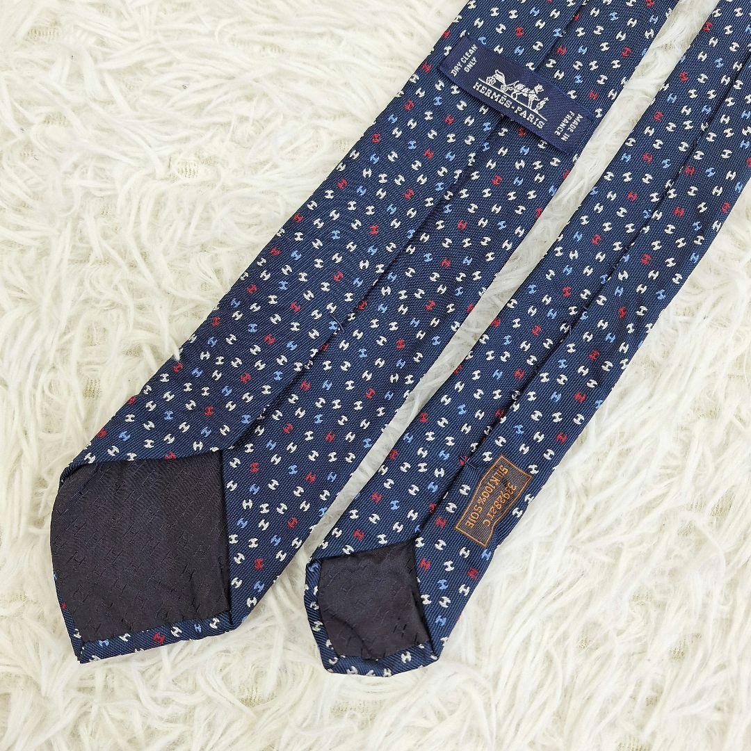 美品◎HERMES エルメス ネクタイ イッツレイニング H柄 ネイビー 現行