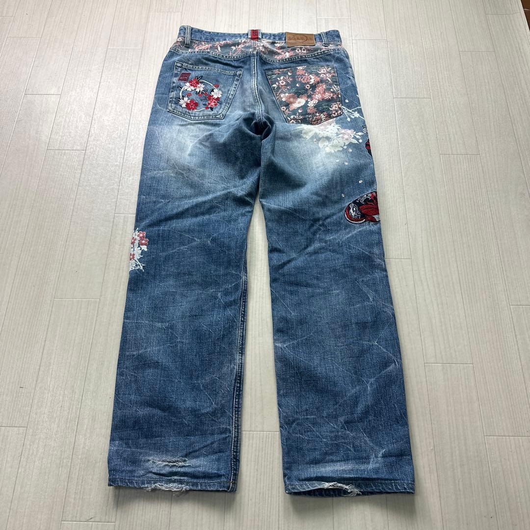 絡繰魂　ワイドストレートジーンズ サイズ36 刺繍 ライトブルー系
