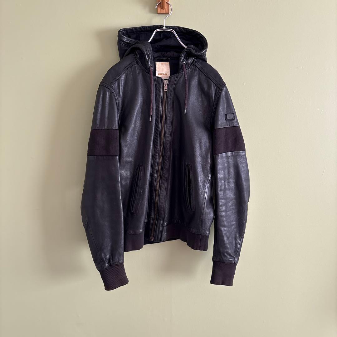 【ヴィンテージ】DIESEL ディーゼル　レザージャケット　本革　黒　フード　M