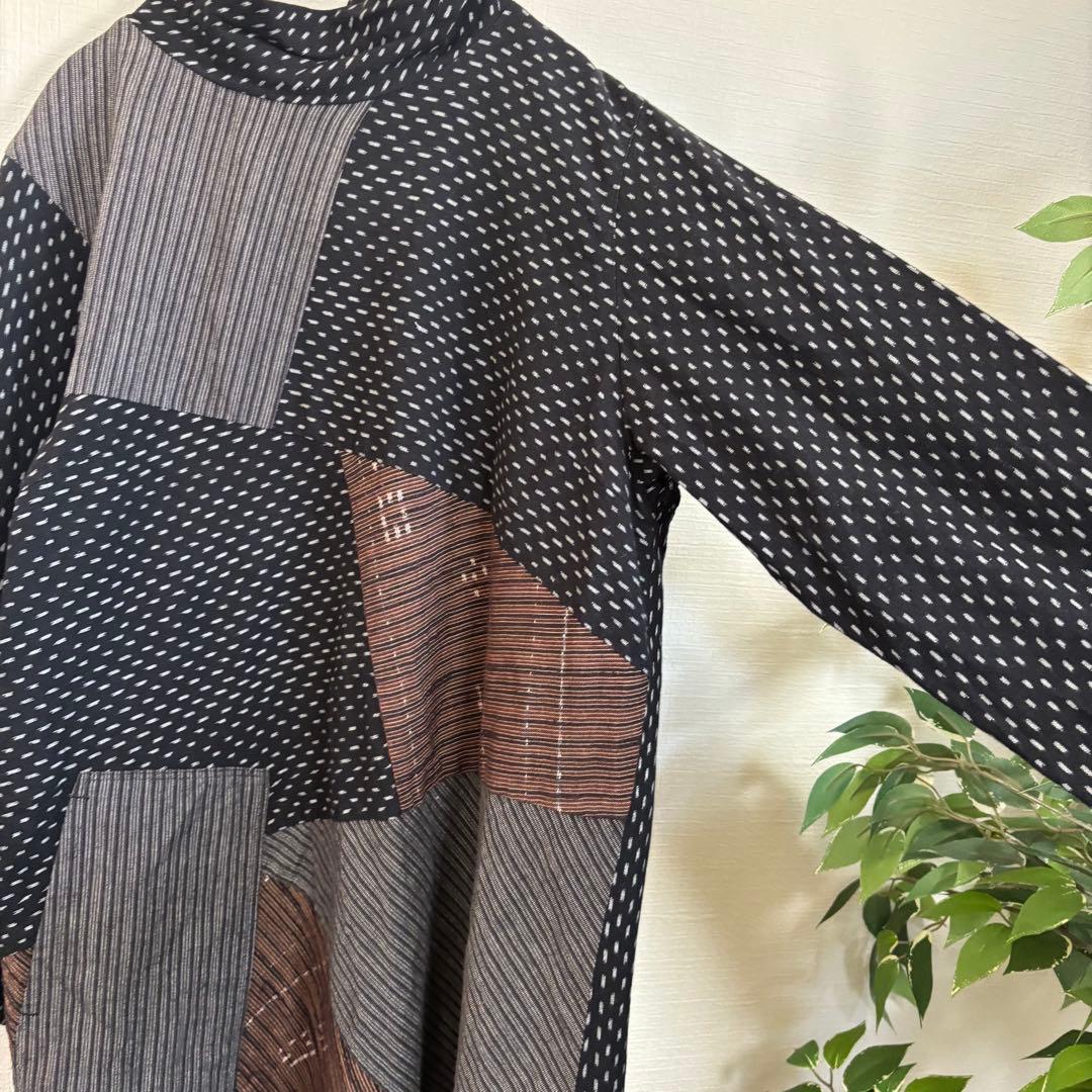 【美品】儀右ヱ門　ギエモン 久留米絣　パッチワークロングワンピース　黒　日本製