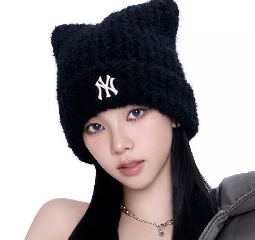 MLB 韓国限定！ビーニー 猫耳 ブラック　ふわもこニット帽　カリナ着用