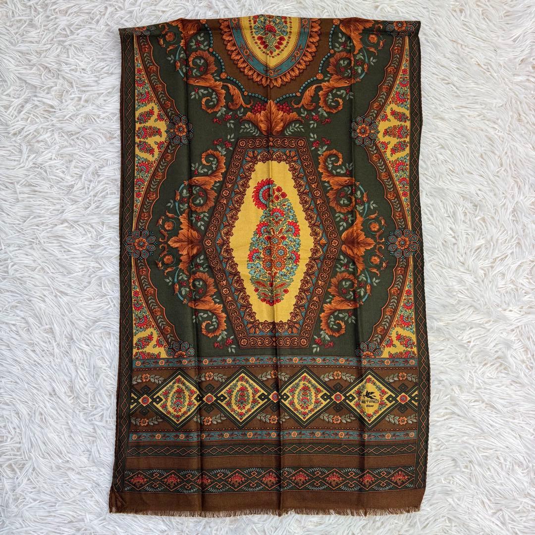 【美品】ETRO スカーフ　ペイズリー柄　ブラウン　花柄　ウール　シルク