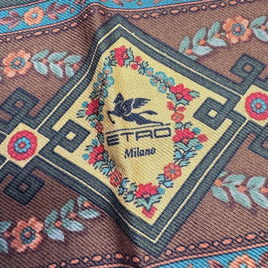 【美品】ETRO スカーフ　ペイズリー柄　ブラウン　花柄　ウール　シルク