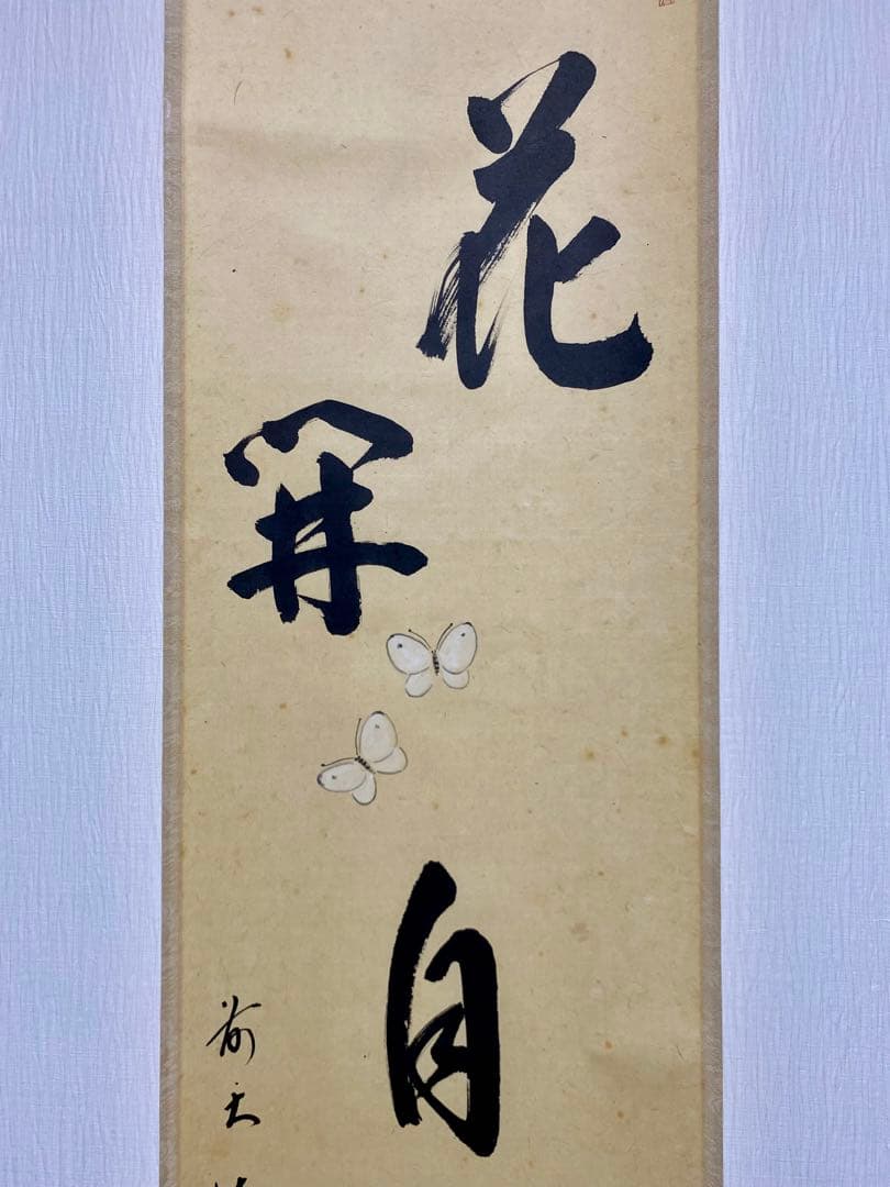 掛軸 茶掛 戸上明道【花開蝶自来】自筆 蝶 画讃 玉瀧寺 大徳寺 住職 軸装