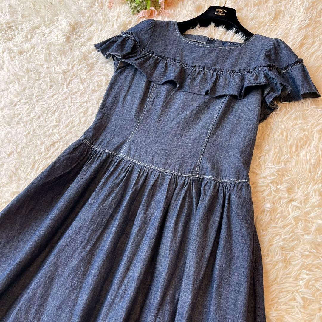 M'S GRACY ウォッシャブル デニム フリル ワンピース ブルー 38