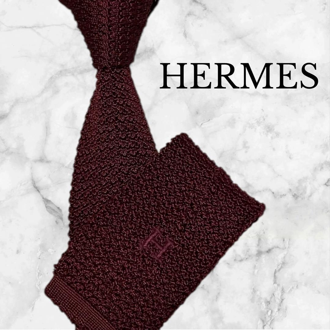HERMES エルメス　ニットタイ　ネクタイ　ソリッド　赤　H柄