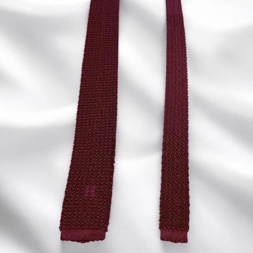 HERMES エルメス　ニットタイ　ネクタイ　ソリッド　赤　H柄