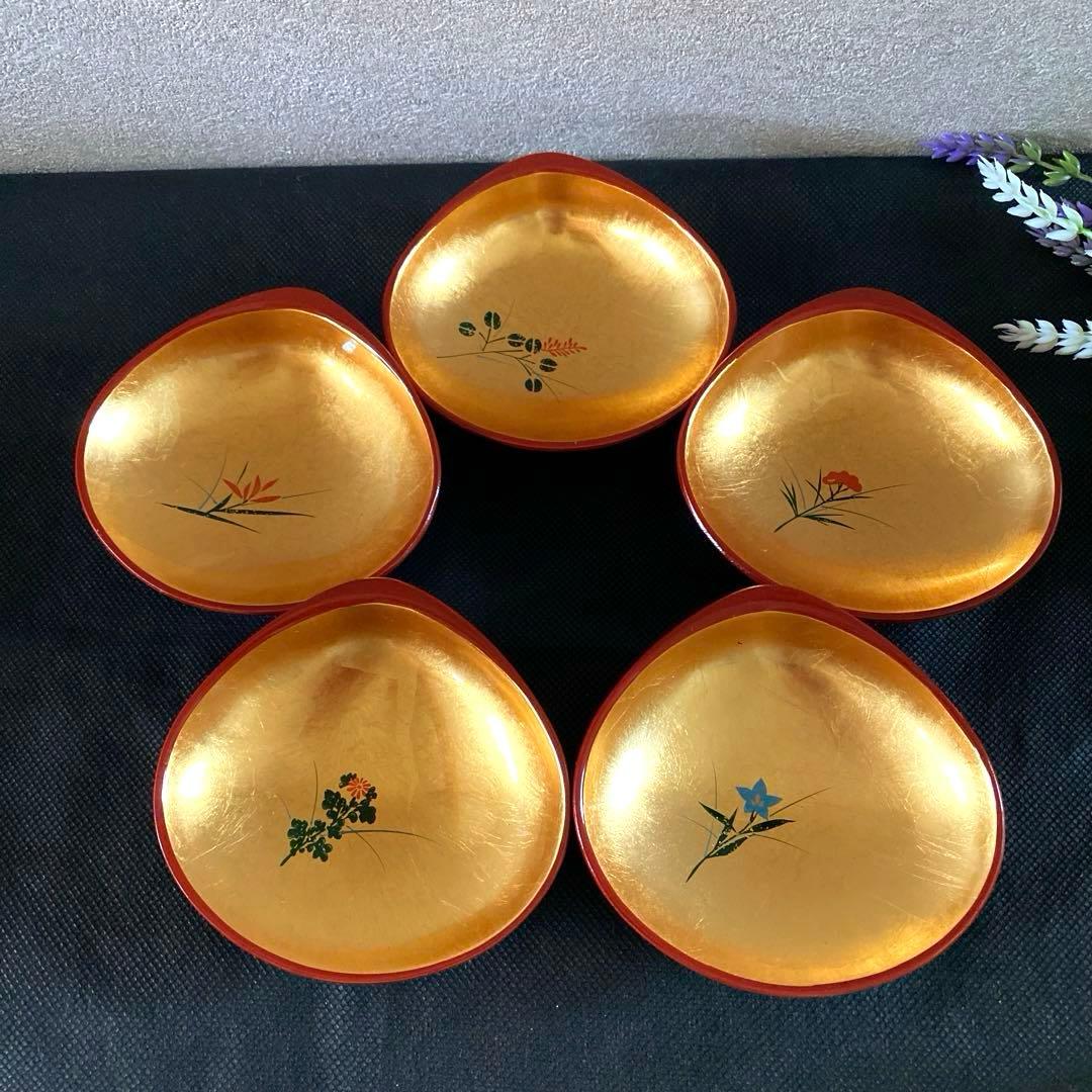 【縁起物】山中塗 手描蒔絵 珍味入れ 小皿 はまぐり ５客 金箔 金彩