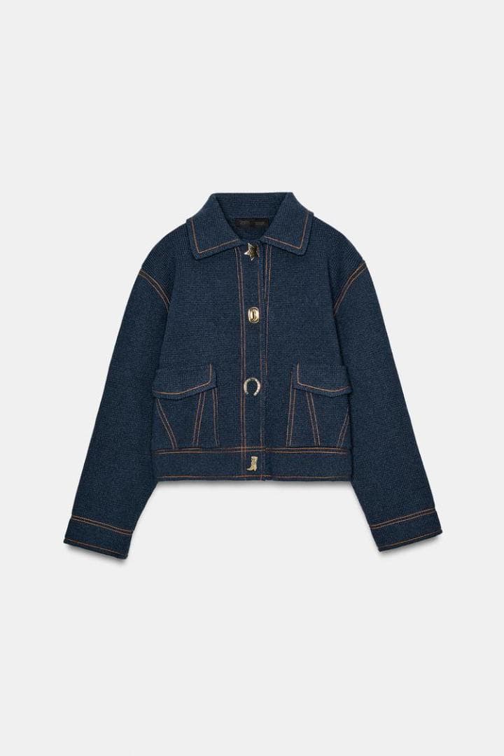 完売 ZARA コントラストボタン付きニットジャケット カーディガン L