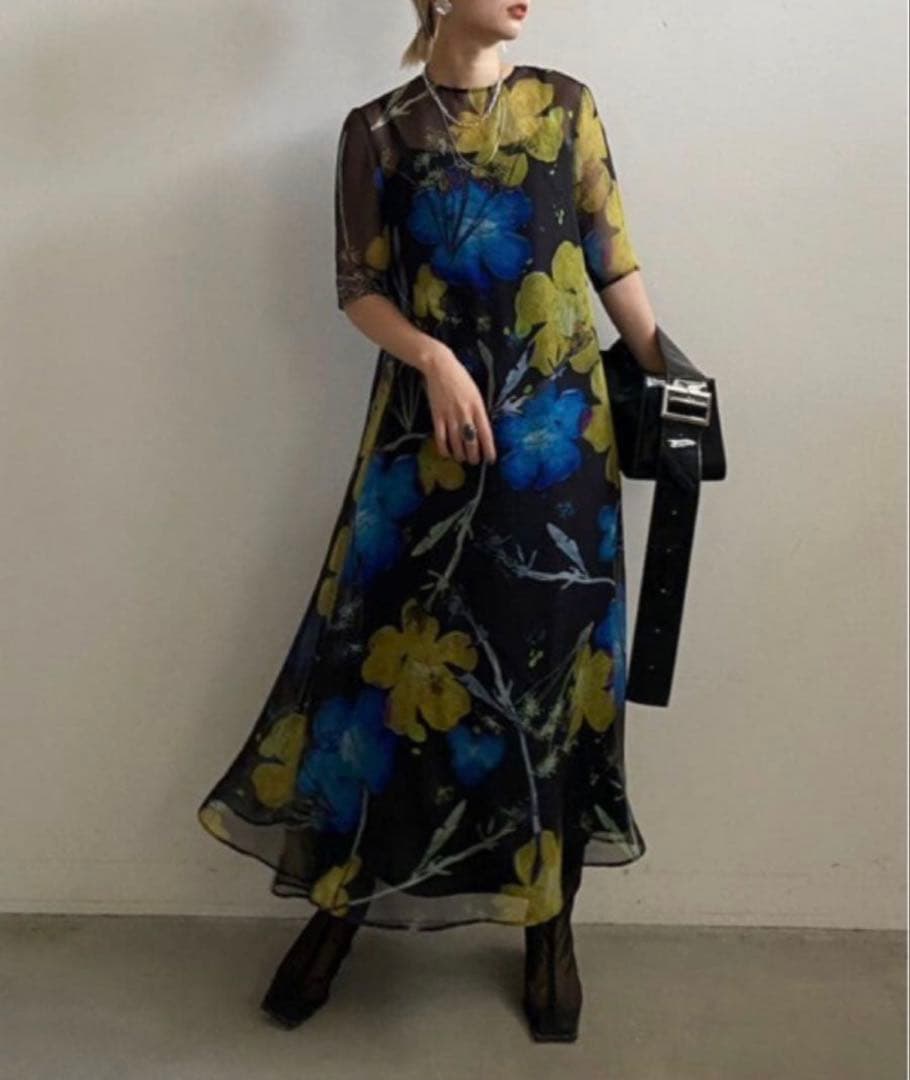 ワンピース Ameri SCAN FLOWER CHIFFON DRESS