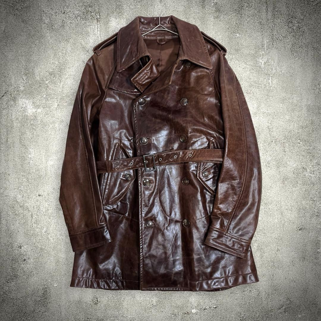 ラムレザー トレンチコート ミドル丈 ベルト付き 本革 M ブラウン 美品