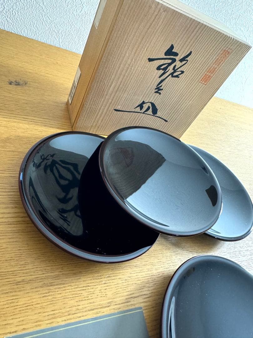 445高級漆器　伝統工芸　山中漆器　五代目喜八　銘々皿　未使用品　共箱　栞
