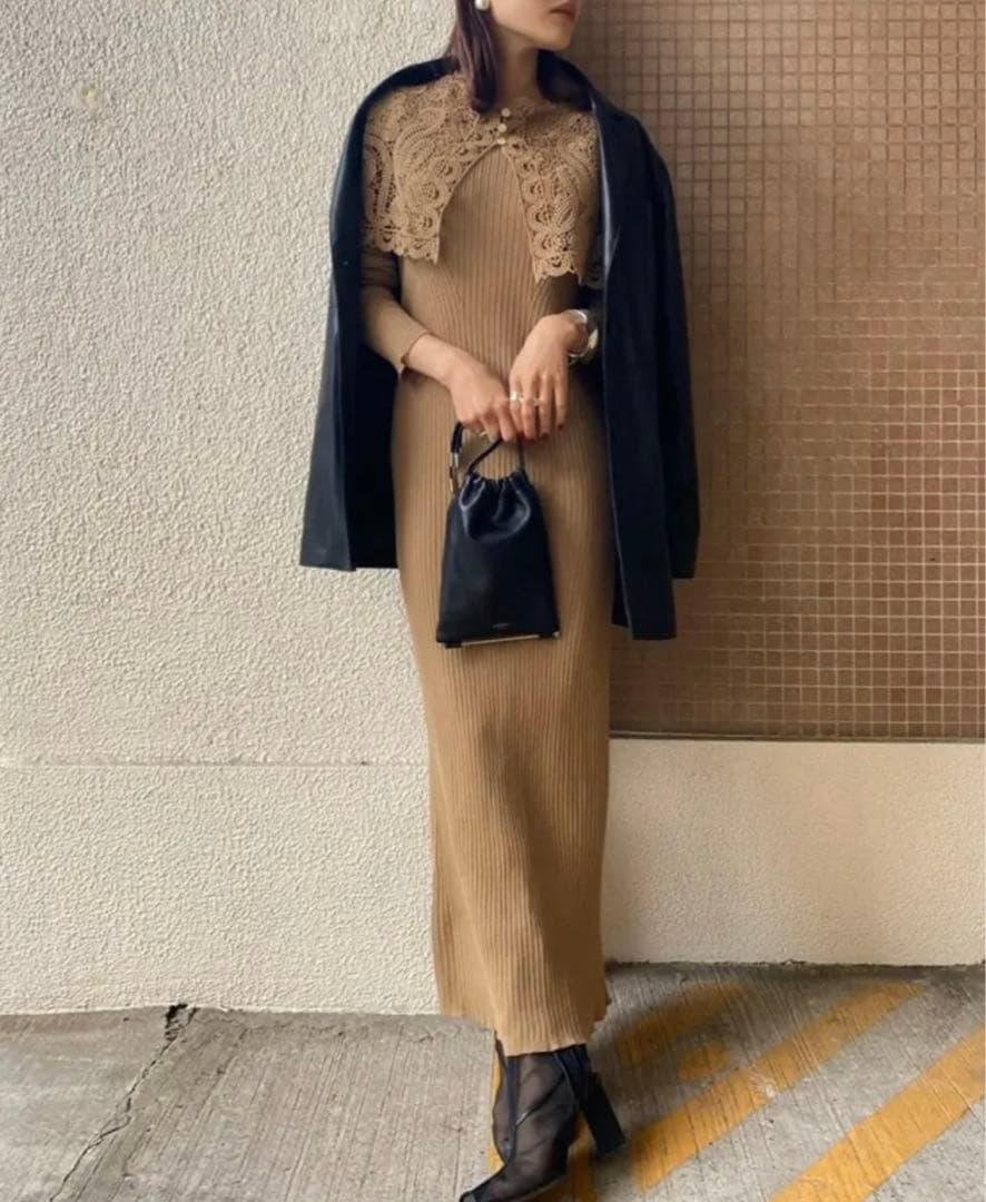 AMERI LACE COLLAR SET DRESS ワンピース S ブラウン