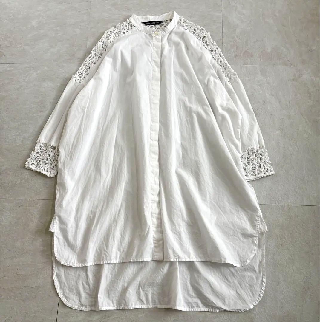 ミズイロインド シャツワンピース 刺繍 ロングシャツ ホワイト 長袖 ホワイト