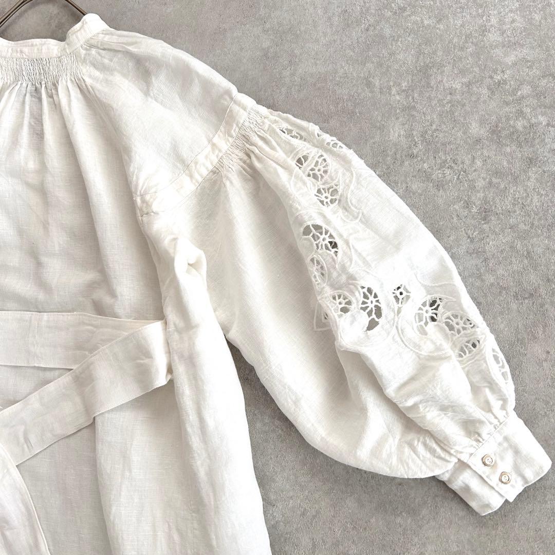 マーラカランコエ リネン混ギャザー刺繍ロングワンピース 白 ベルト付 ゆったり