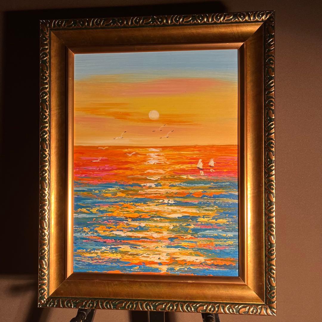 手描き油絵 sun set夕陽 額付 インテリア 油彩画 肉筆絵画