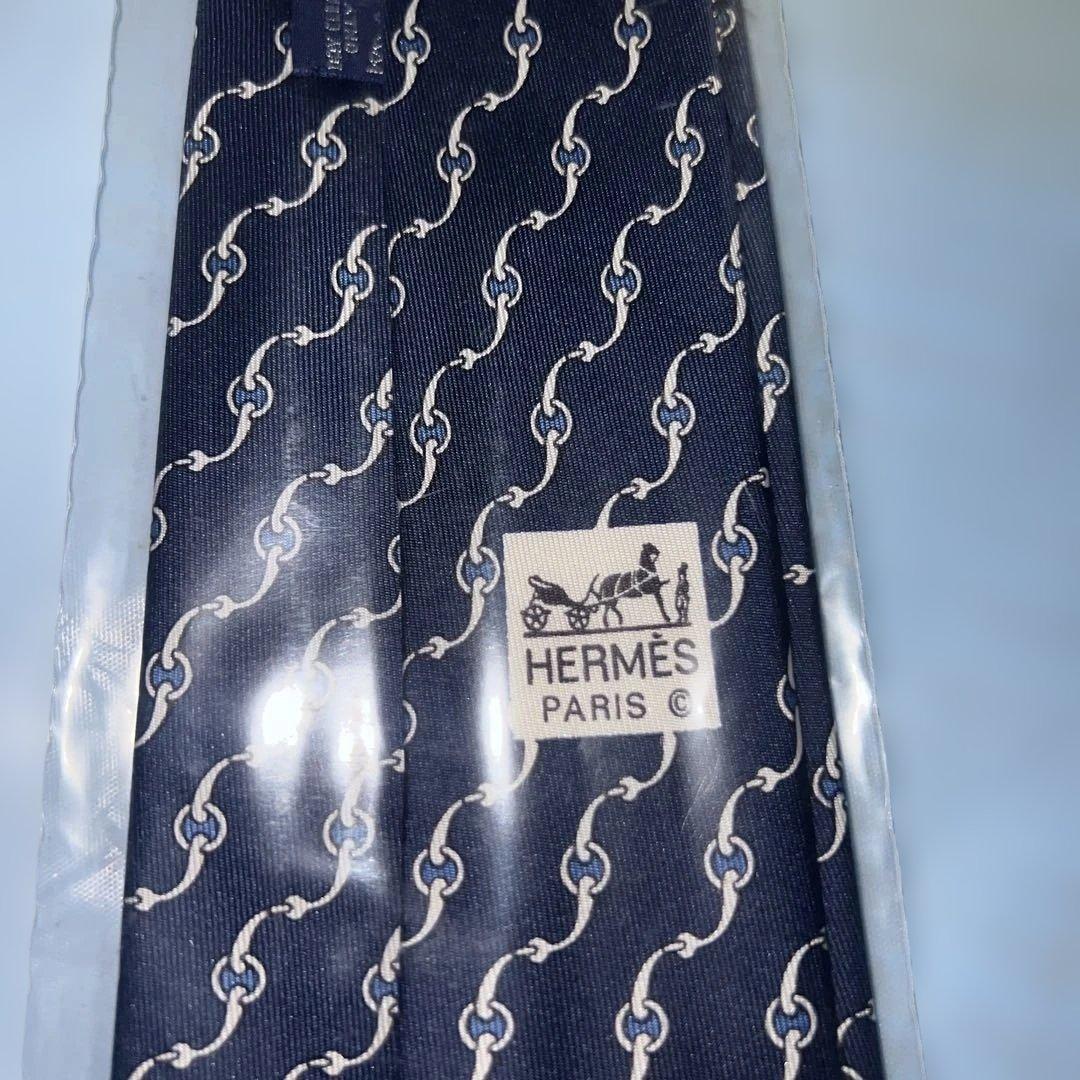【未使用】HERMES ネクタイ ネイビー チェーンパターン