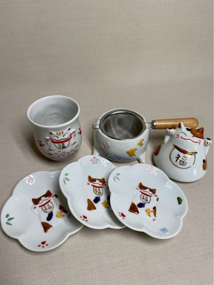 猫舎道楽堂本舗　美品★招き猫 急須 湯呑み 小皿 5点セット 陶器 茶器セット