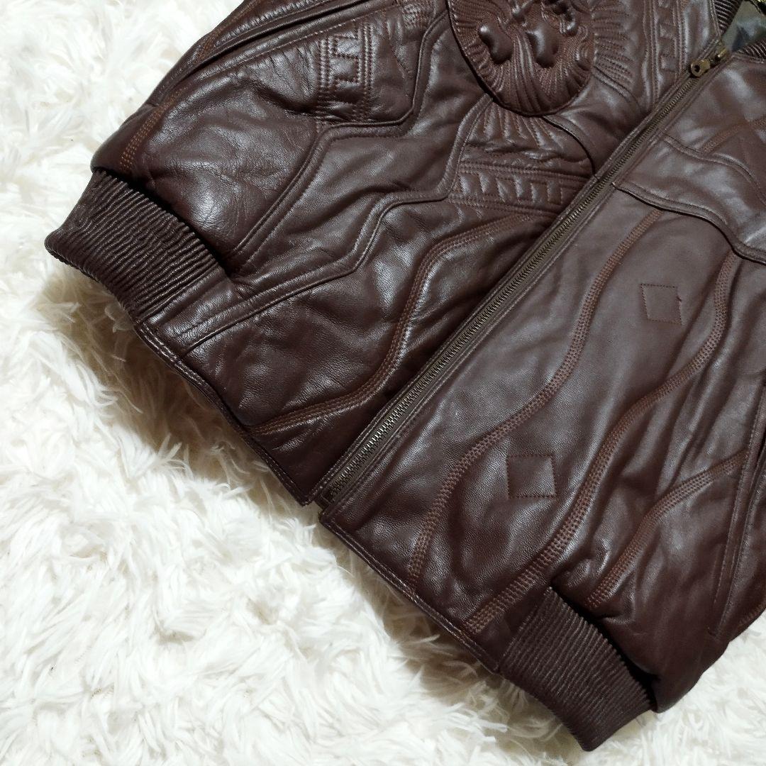 maggoni elegance　リアルレザーエンボス加工中綿ジャケット　茶XL