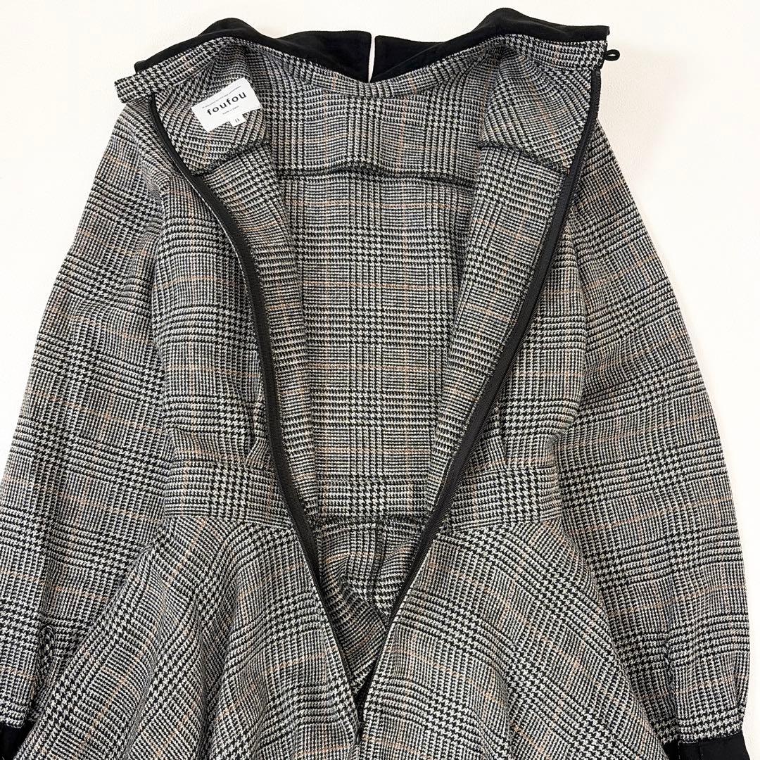 美品 foufou グレンチェックバイカラーワンピース 0 フレア Aライン