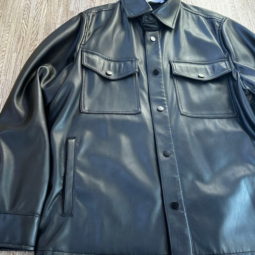ZARA フェイクレザーシャツジャケット　ブラック　M