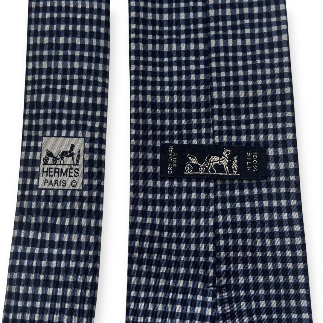 美品✨HERMES ネクタイ　エルメス　ギンガムチェック　ネイビー　【A】