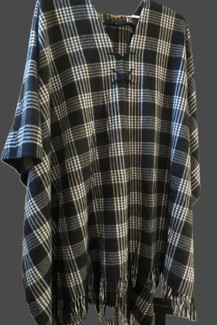 GUCCI チェック柄フリンジポンチョ ケープ　カシミア混合　Mサイズ