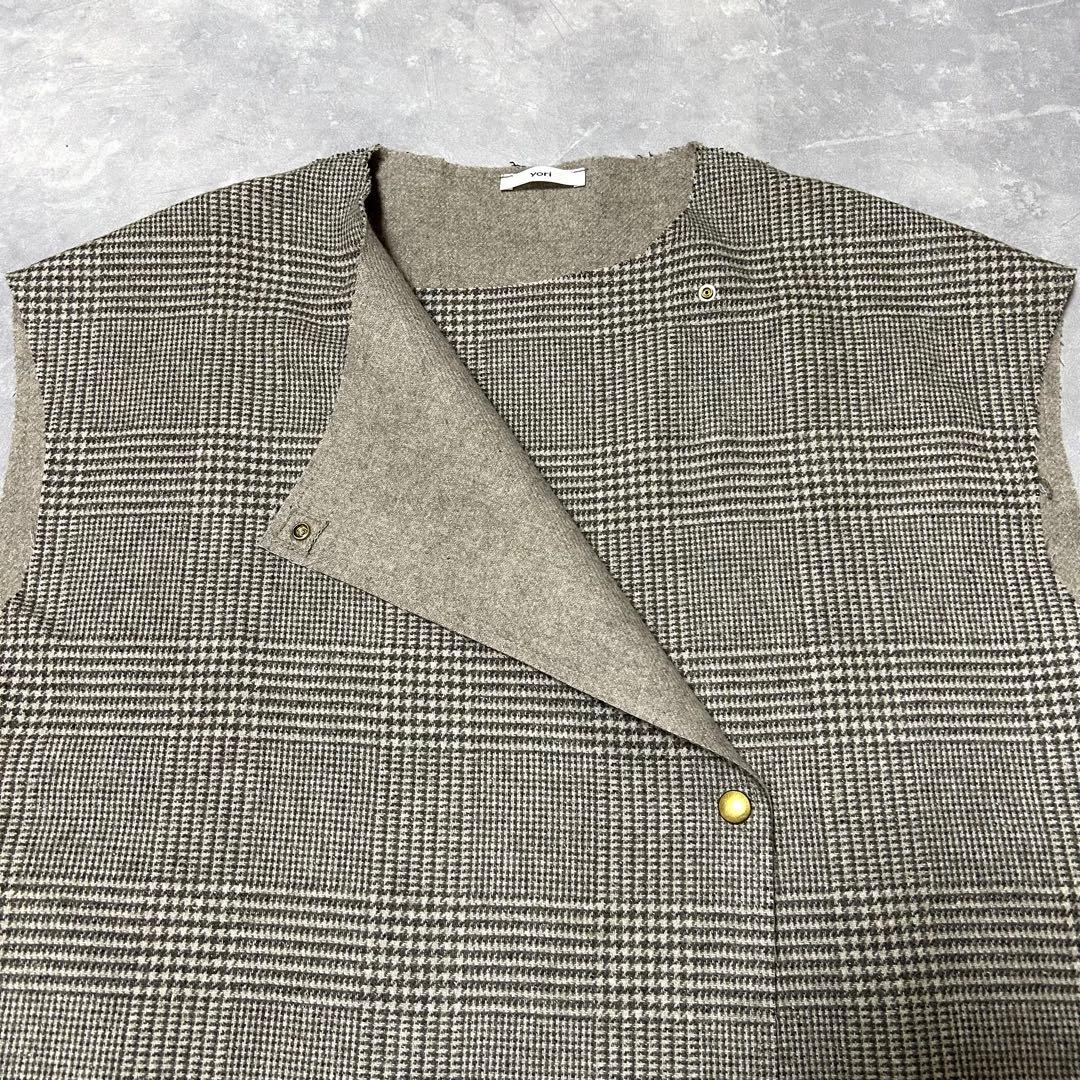 yori ヨリ チェック ロング ジレ ベスト シルク混