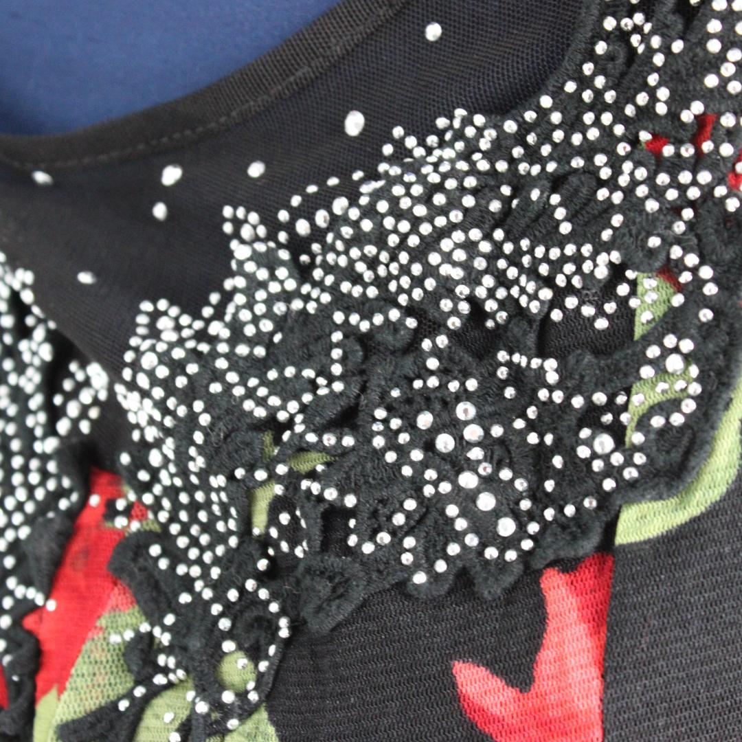 【美品 社交ダンス衣装】ワンピース ドレス 黒 赤 緑 花柄 フラワー