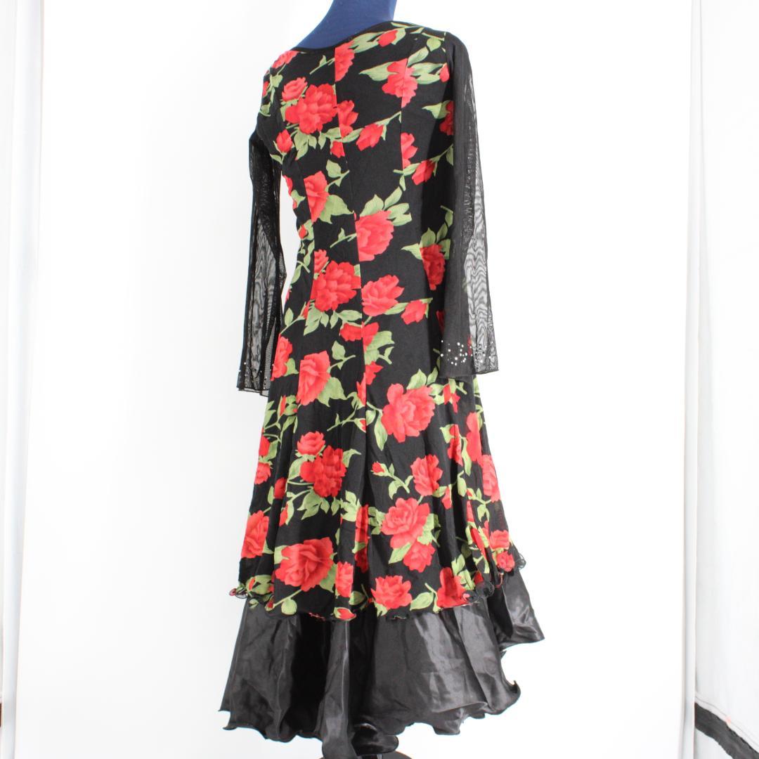 【美品 社交ダンス衣装】ワンピース ドレス 黒 赤 緑 花柄 フラワー