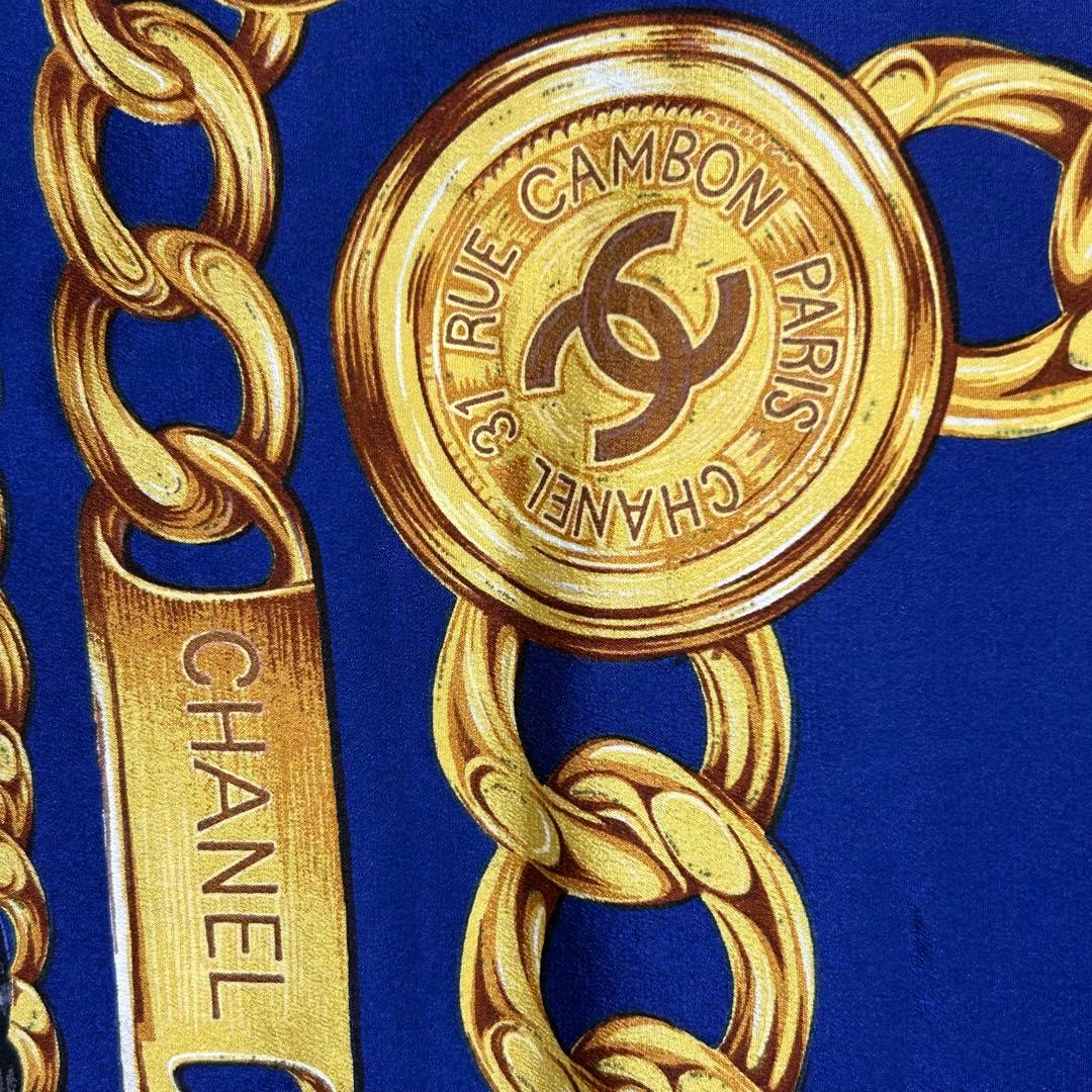 チ*ボ様 71631 CHANEL シルク スカーフ　チェーン柄　ブルー