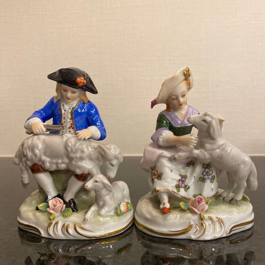 【希少♡一点物】ジッツェンドルフ　カップルと羊　磁器人形