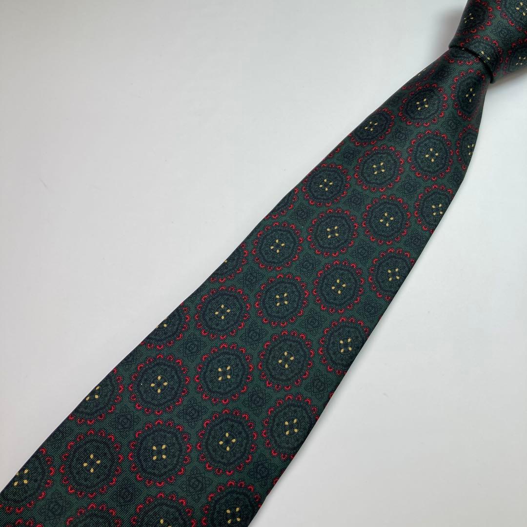 GUCCI グッチ　ネクタイ　シルク　モスグリーン　総柄　イタリア製