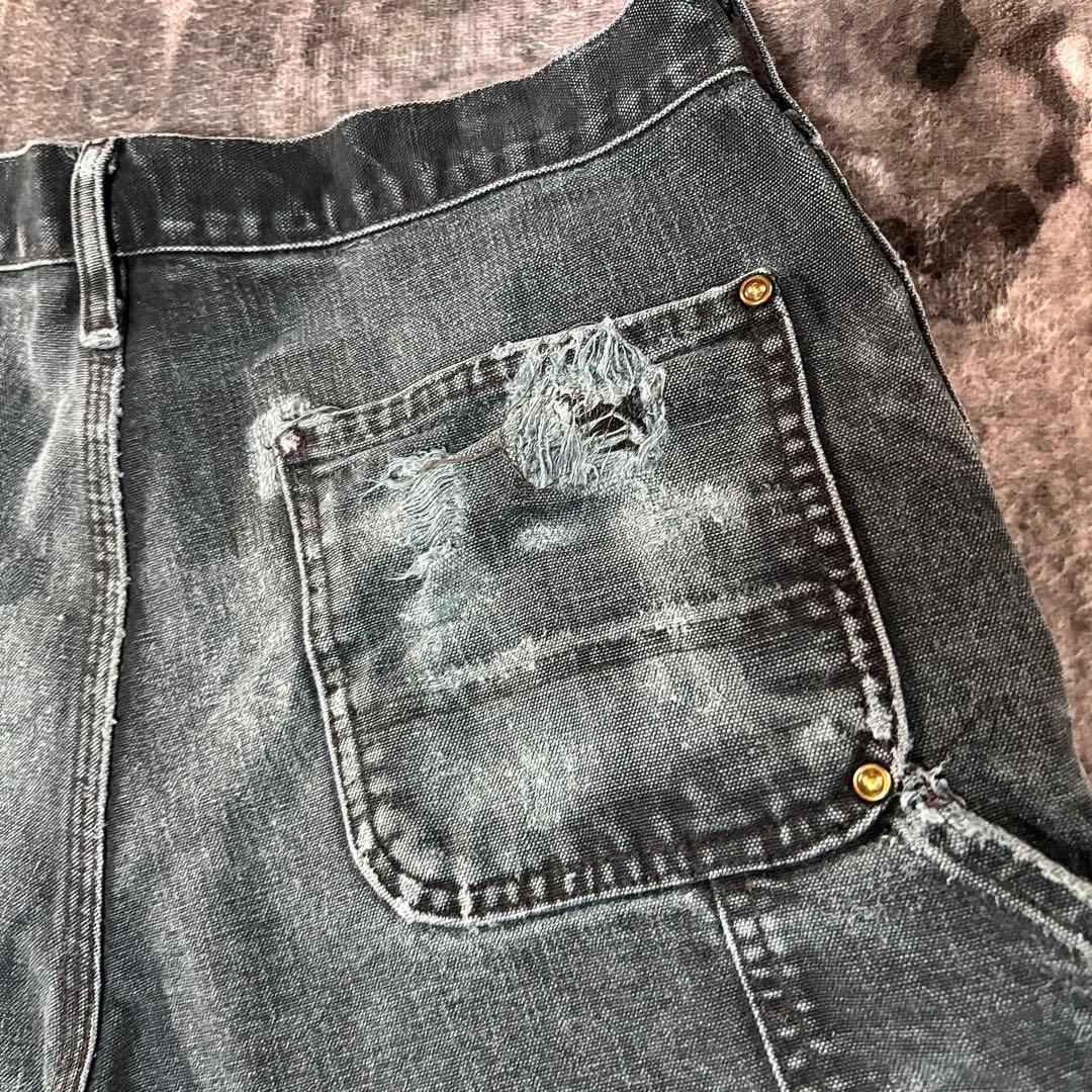 30×32 Carhartt ダブルニー B136 墨黒 極上フェード ボロ