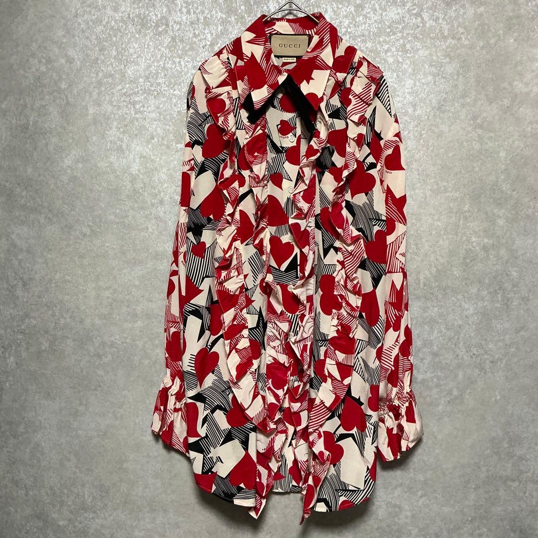 【美品】Gucci ruffled printed silk blouse