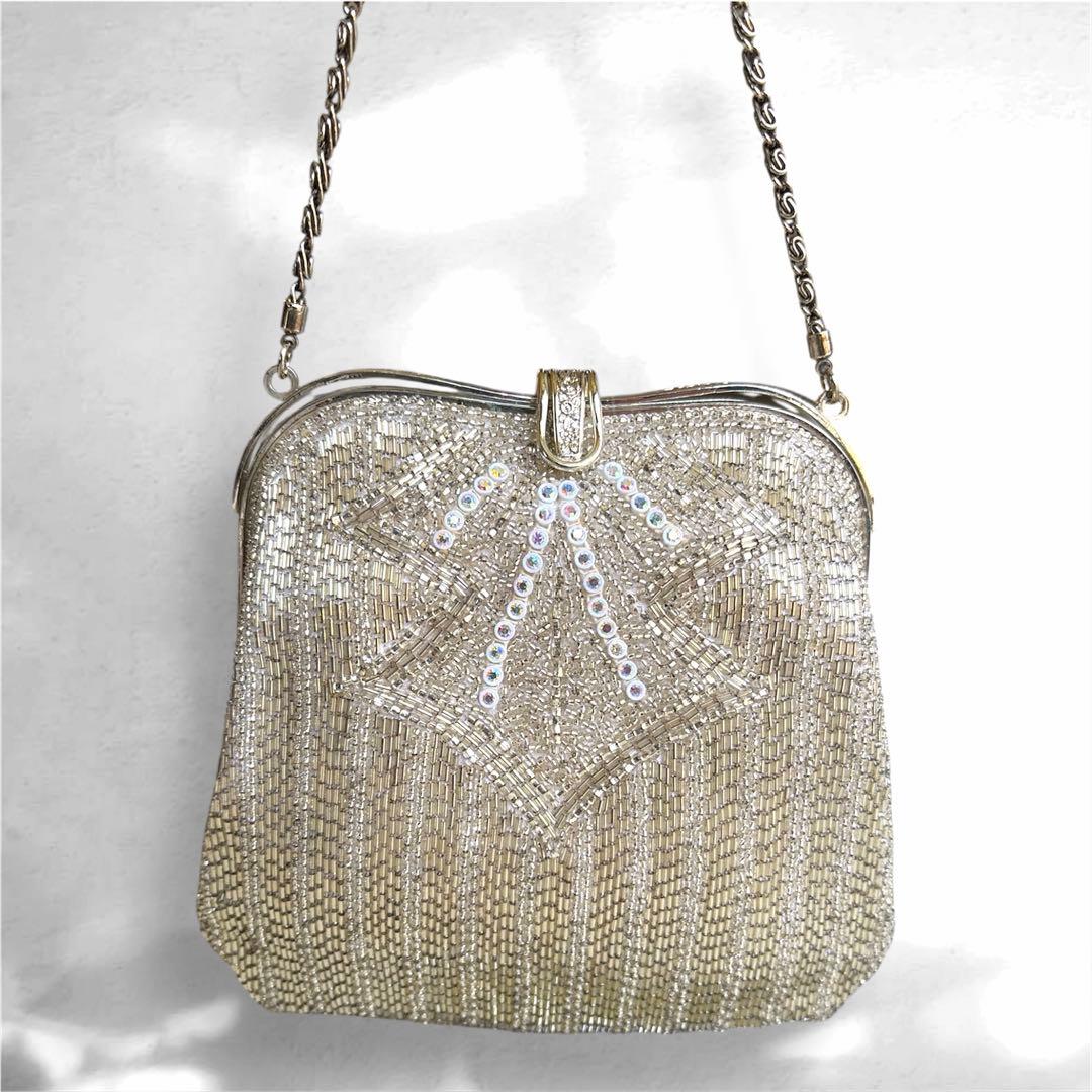 希少デザイン✨ヴィンテージ 総ビーズバッグ 鏡付き オーロラ刺繍 レトロ