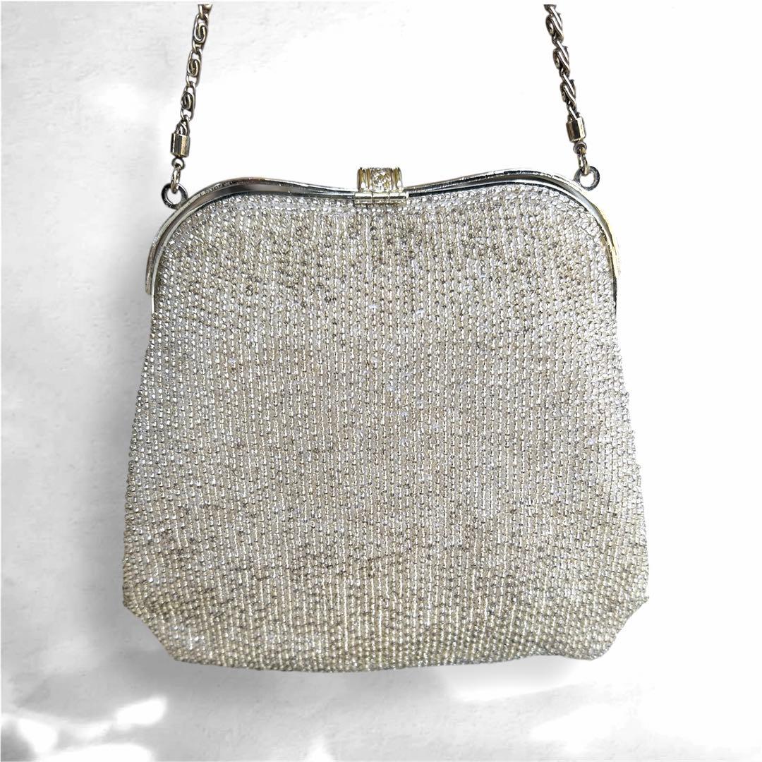 希少デザイン✨ヴィンテージ 総ビーズバッグ 鏡付き オーロラ刺繍 レトロ