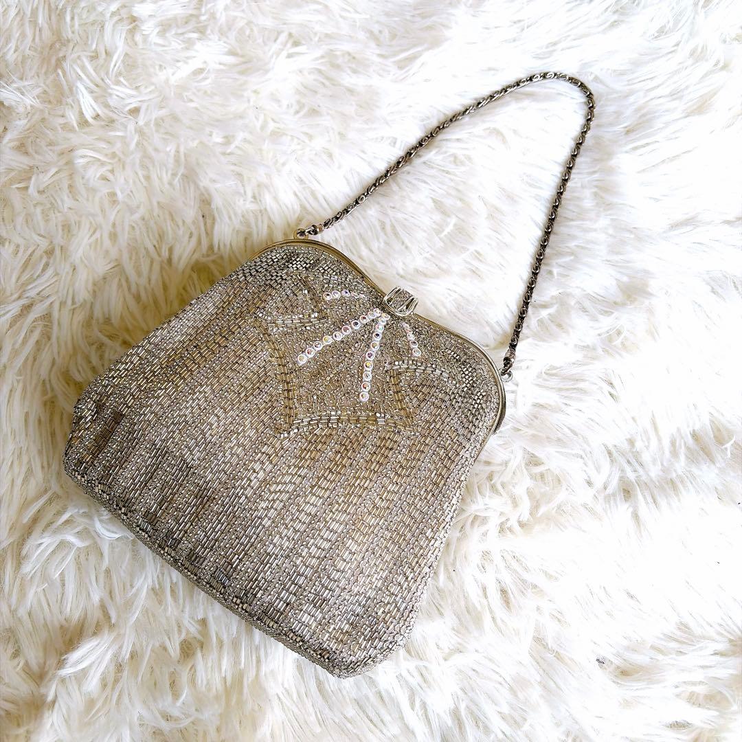 希少デザイン✨ヴィンテージ 総ビーズバッグ 鏡付き オーロラ刺繍 レトロ