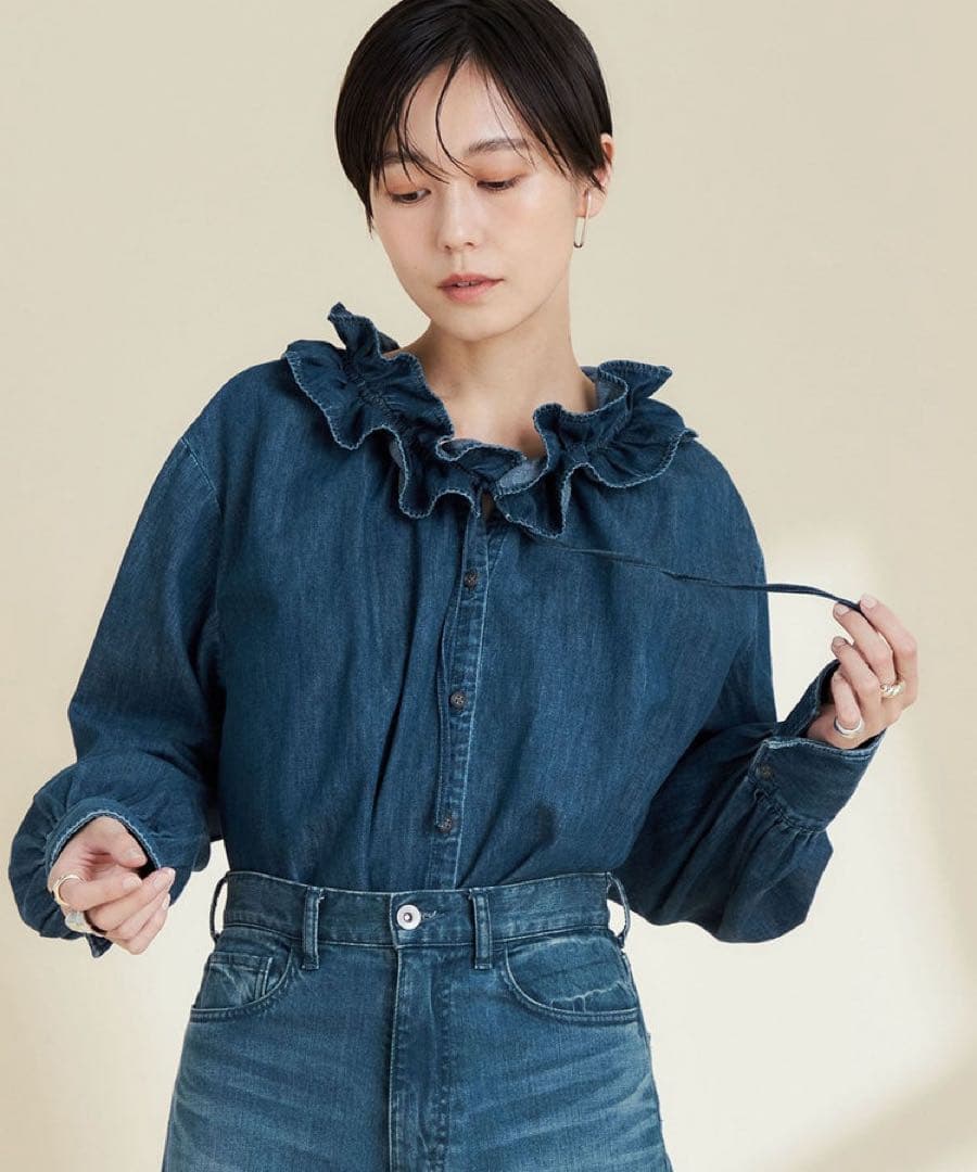 【RM denim】フリルギャザーデニムブラウス