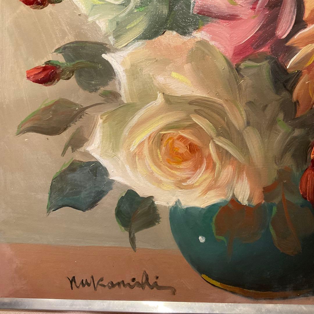 中西利雄 薔薇 油彩 薔薇 ばら バラ 古い油絵 キャンバス 額装品