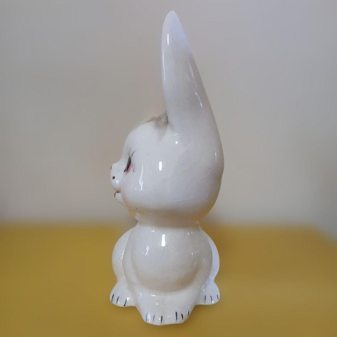 昭和レトロ　陶器製　ウサギ　白　ファー付き　貯金箱　置物　大　①