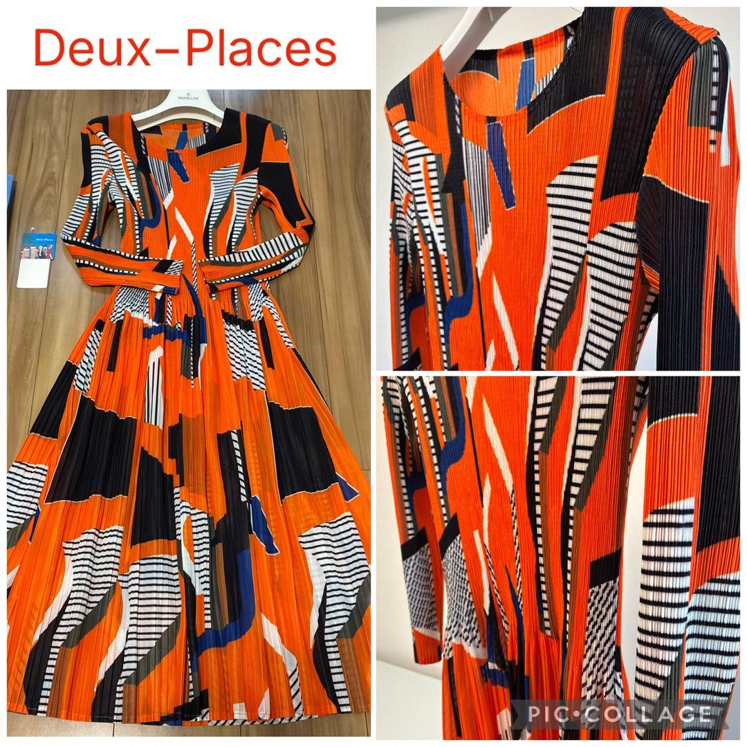 Deux−Placesフランス　プリーツ加工幾何学模様の長袖マキシ丈ワンピース