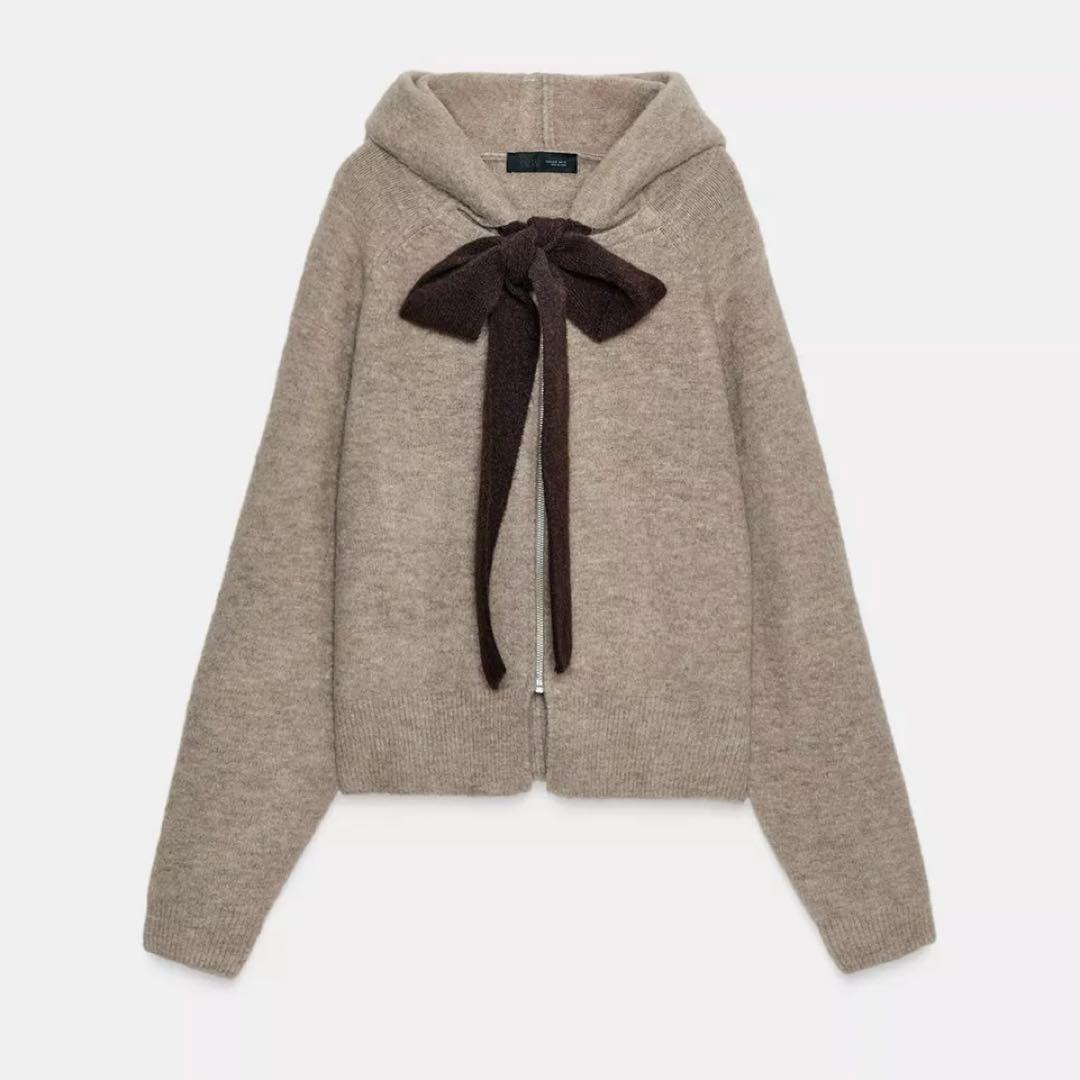 みりにゃ着用 ZARA フード付きタイベルトニットカーディガン