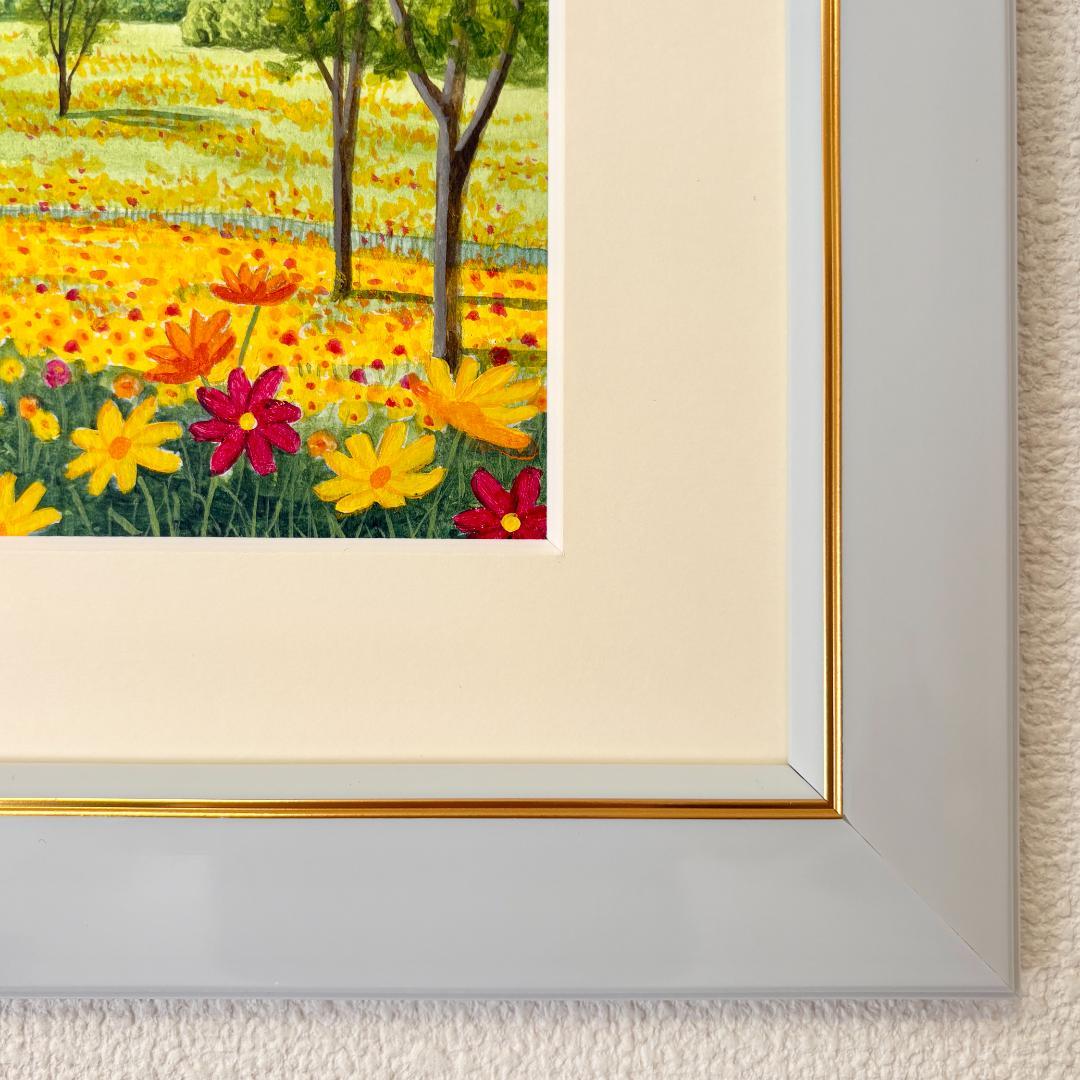 アクリル画　原画　「キバナコスモスのフィールド07」額縁付き　F0サイズ　風景画