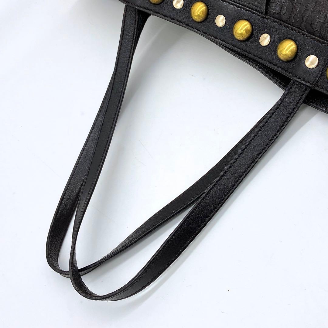 【GUCCI】トートバッグ　ホースビット型押し　スタッズ　レザー　ダークブラウン