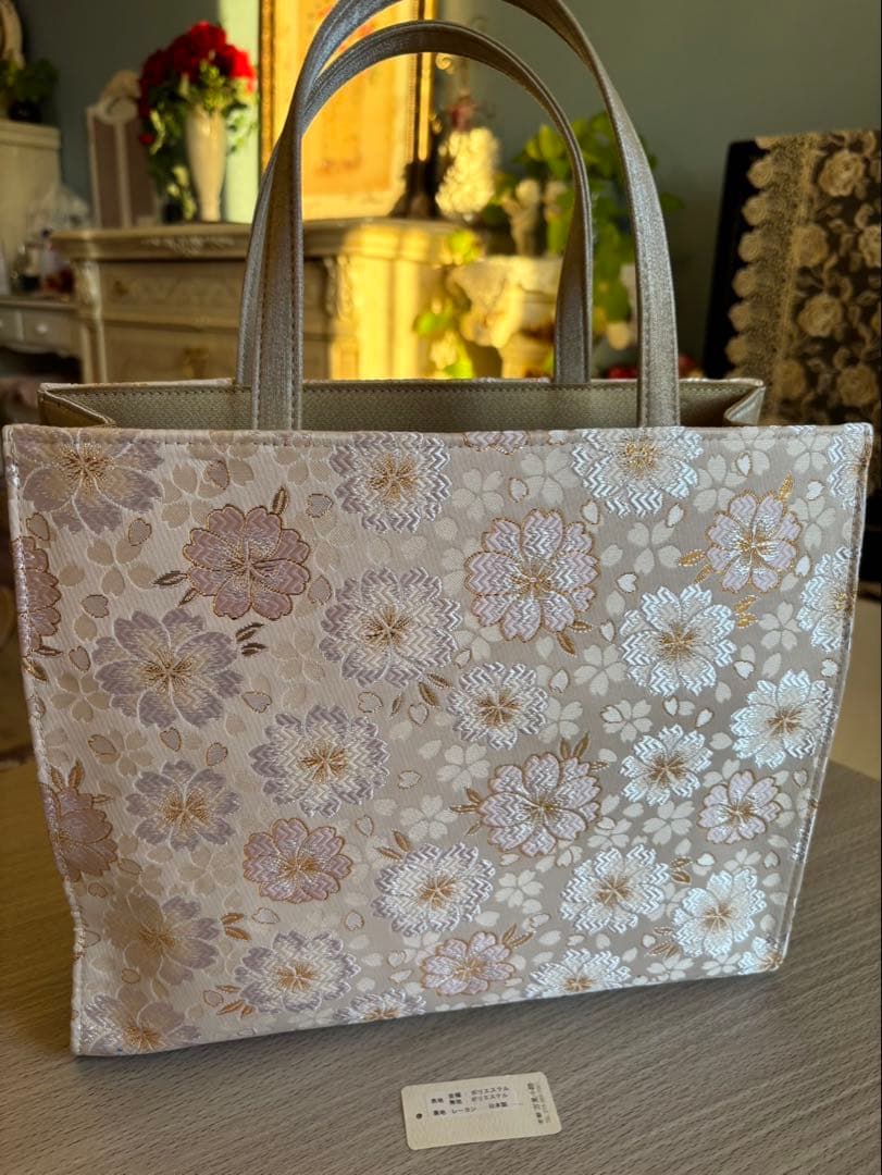 花柄刺繍 ベージュ 和装用バッグ