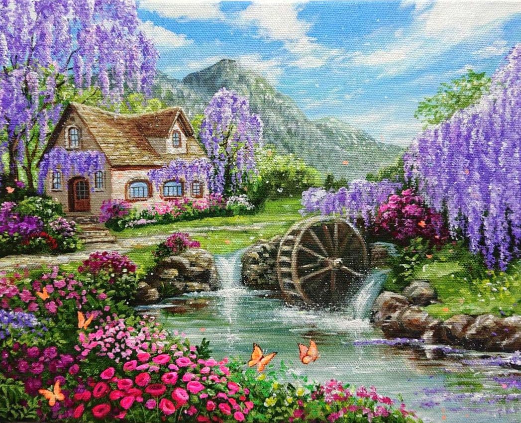 【藤の花が咲く頃】アクリル画 F3 風景画 絵画
