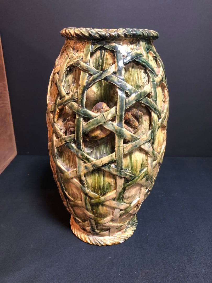 希少！ 籠型花瓶　天山作　蟹　最高傑作　飾壺　花器　時代物　華道具　古美術　共箱