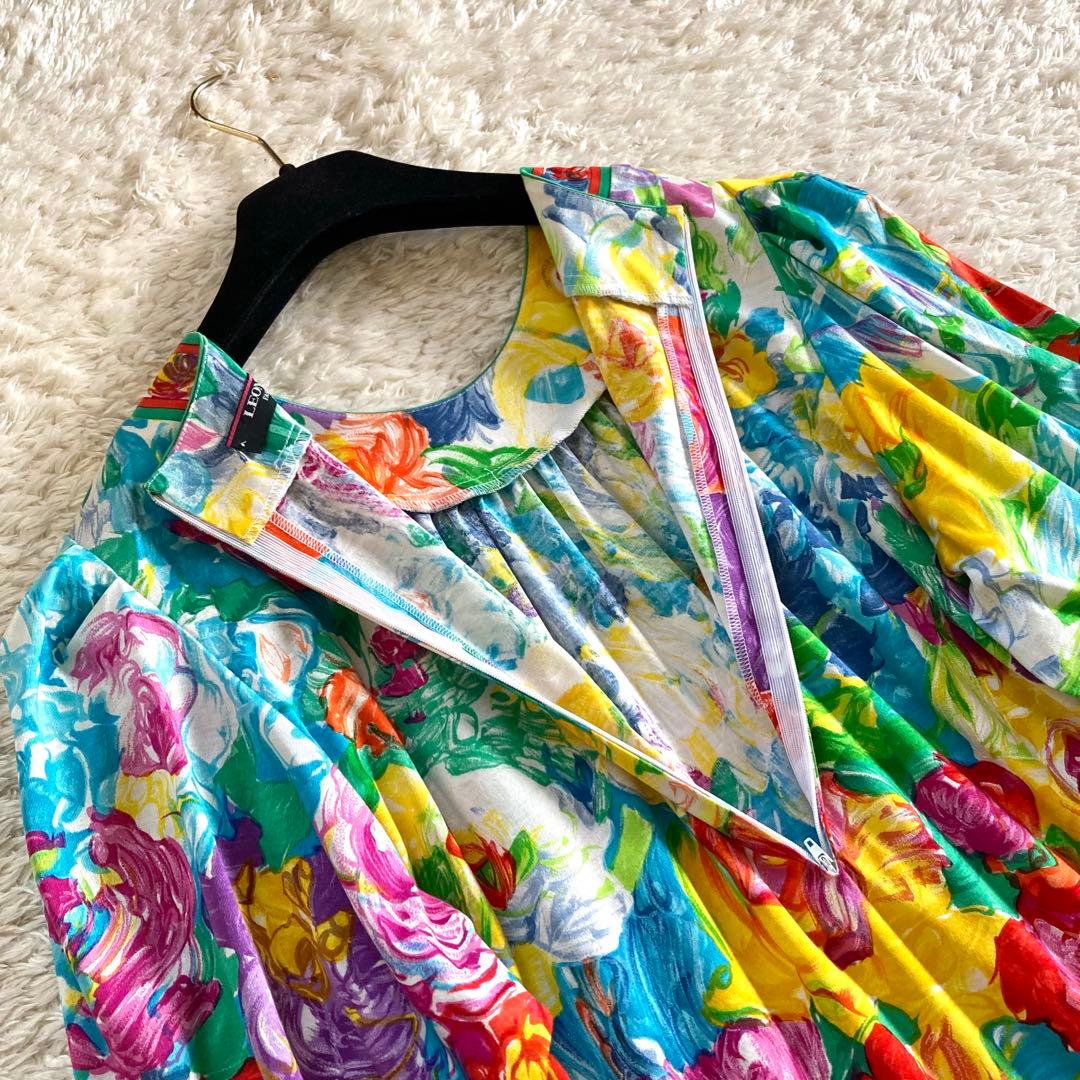 【極美品】レオナール パフスリーブ ボタニカル 花柄 トリム ロングワンピース